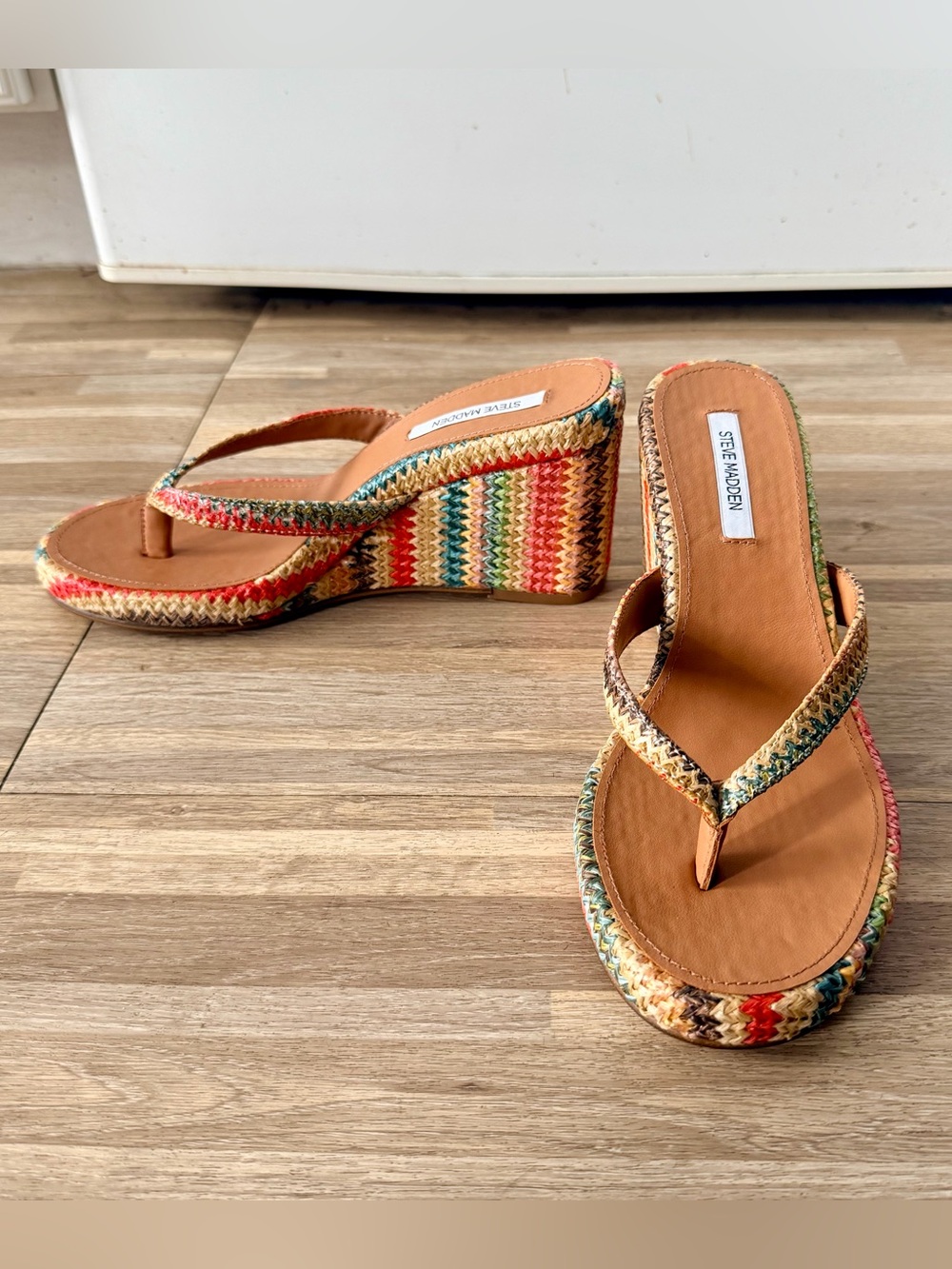 Steve Madden Playing Bright Rainbow Woven Wedge Thong Sandals, Women’s Size 6